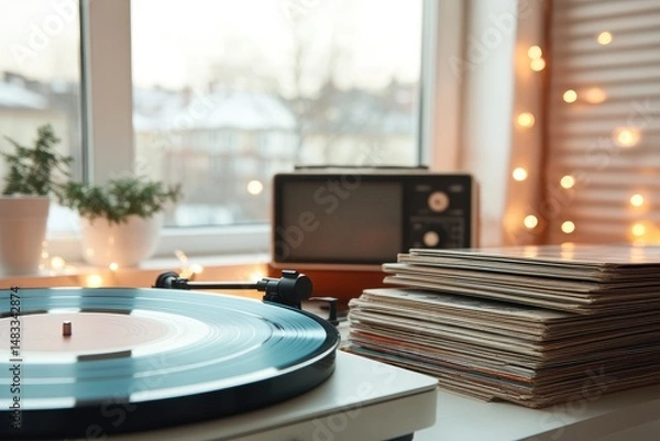 Fototapeta Vinyl record player and retro radio indoor scene music culture leisure