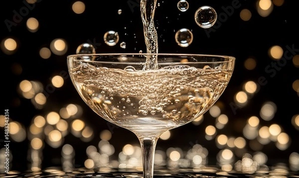 Obraz Effervescent bubbles overflowing champagne coupe glass