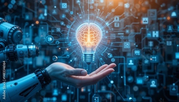 Fototapeta AI, Machine learning, Hands of robot and human touch on big data network, Brain data creative in light bulb, Science and artificial intelligence technology, innovation for futuristic.