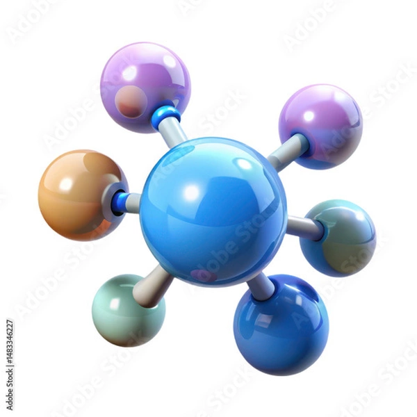 Fototapeta A stylized 3D molecular structure with a central blue sphere connected to six multicolored spheres by rods.