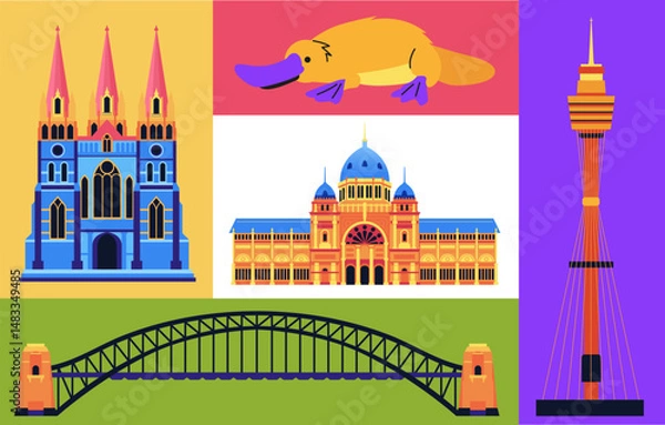 Fototapeta Architecture and animals of Australia - set of flat design style colorful illustrations