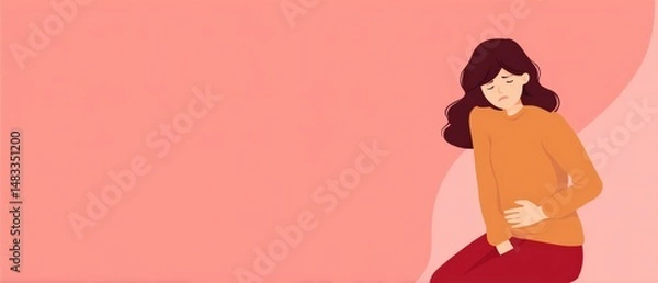 Obraz Young woman with stomach pain, holding abdomen with sad expression Concept of menstrual cramps, digestive problems, and healthcare