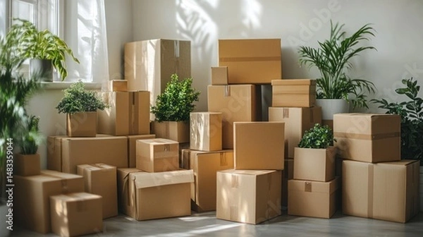 Obraz Moving day preparations.  Packed boxes, plants, sunlight
