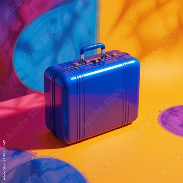 Fototapeta Glossy cobalt-blue suitcase on a background with a mango-to-raspberry gradient, surrounded by abstract shapes and vibrant shadows