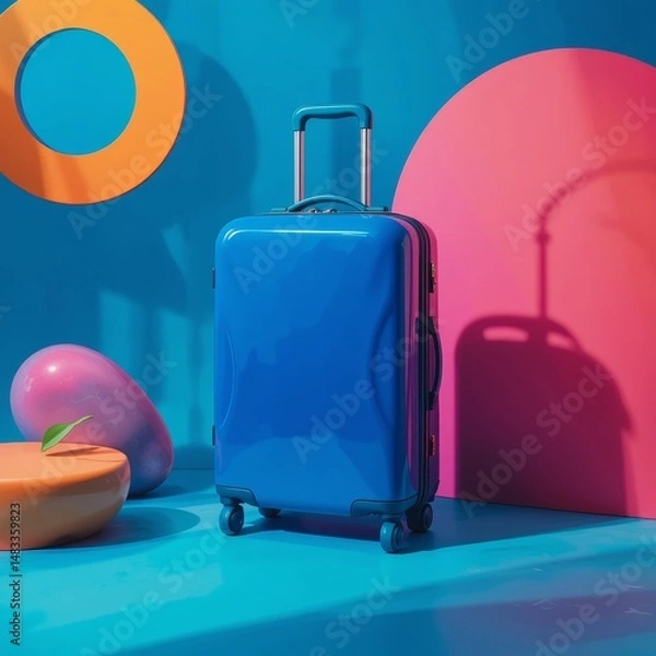Fototapeta Glossy cobalt-blue suitcase on a background with a mango-to-raspberry gradient, surrounded by abstract shapes and vibrant shadows