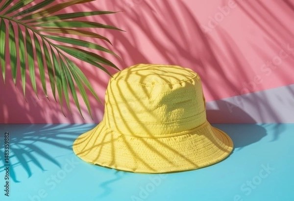 Fototapeta Lemon-yellow summer bucket hat on a blue surface, shadow of palm leaves falling over it, pink-yellow gradient background