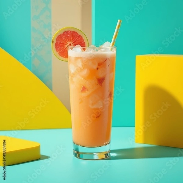 Fototapeta 3D render: guava-colored tropical drink in a glass placed against geometric yellow and turquoise shapes, accented with neon and sharp shadows.