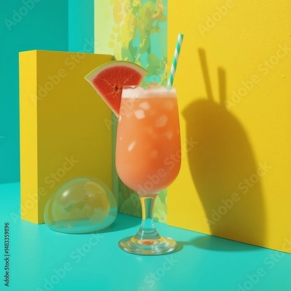 Fototapeta 3D render: guava-colored tropical drink in a glass placed against geometric yellow and turquoise shapes, accented with neon and sharp shadows.