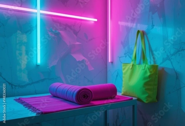 Fototapeta olled beach towel in fuchsia on a table under pink-blue neon lights, minimal style.Lime-colored textile tote bag by a wall with dynamic shadows from neon tubes