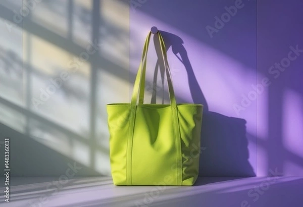 Fototapeta Lime-colored textile tote bag by a wall with dynamic shadows from neon tube