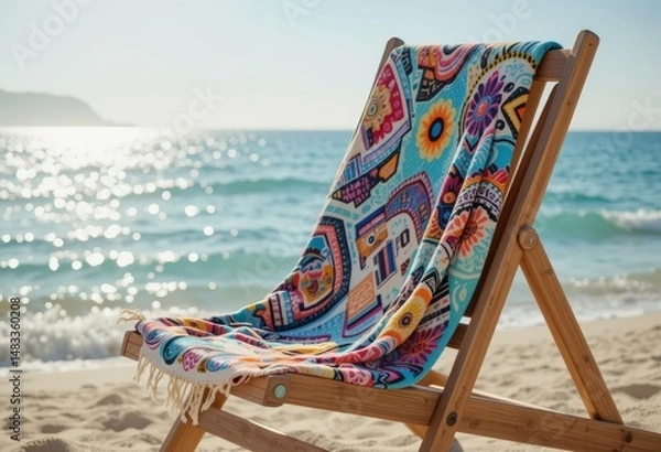 Fototapeta Towel with 70s geometric pattern on a wooden deck chair, pastel ocean in the background, sunny reflections