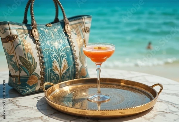 Fototapeta Cocktail on an engraved golden tray, next to a vintage beach bag with Art Deco pattern; background includes a marble table and azure ocean — seaside luxury in Art Deco style
