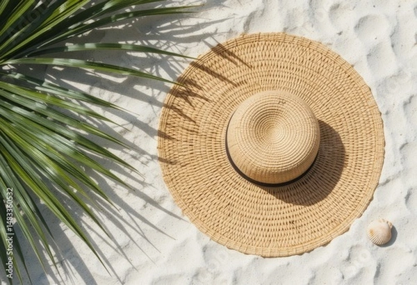 Fototapeta Wide-brimmed straw beach hat on white sand, next to a seashell and palm leaf shadow, bright sunny day, top view