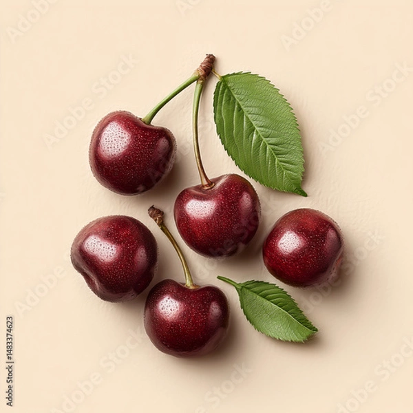 Obraz Vibrant red cherries scattered on a clean white background