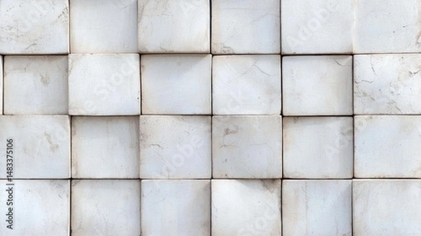 Fototapeta Close-up of a wall made up of small square tiles. the tiles are arranged in a grid-like pattern, with each tile having a different size and shape.
