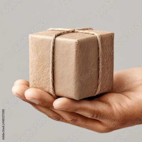 Obraz Hand holding a white gift box, an isolated object