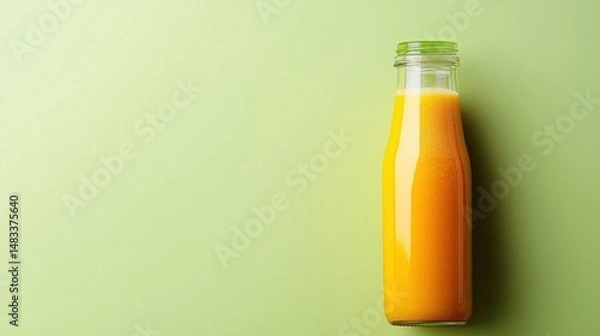 Fototapeta Glass bottle with a green cap. the bottle is filled with an orange-colored liquid, which appears to be juice or smoothie.