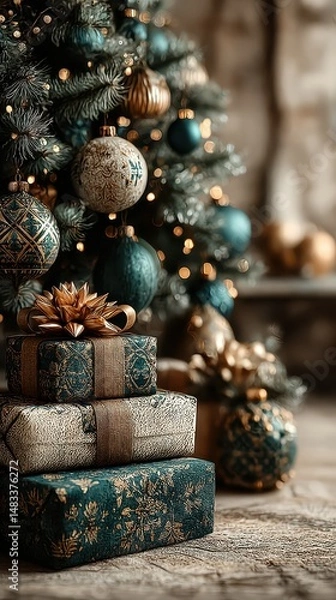 Fototapeta Festive decorations with wrapped gifts under a beautifully adorned Christmas tree in a cozy indoor setting