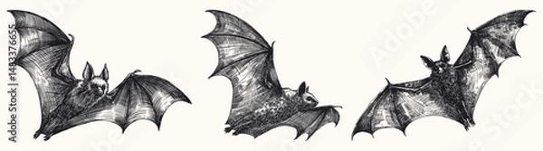 Fototapeta set of bats fly with their wings spread collection hand drawn sketch illustration different flying poses dynamic movement line art detailed card design vector elements