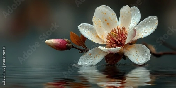 Fototapeta Beautiful magnolia flower floating on tranquil water surface with droplets in early morning light