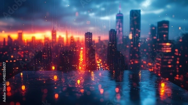 Fototapeta Futuristic cityscape with illuminated skyscrapers reflecting in the water symbolizing business growth and expansion