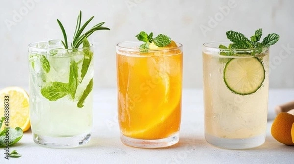 Fototapeta Three tall glasses filled with different types of drinks. the glasses are placed on a white surface with a few lemons and mint leaves scattered around them.