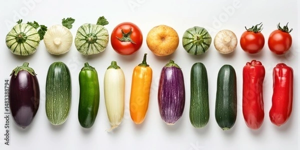 Fototapeta Colorful array of fresh vegetables displayed on a clean white surface showcasing natural textures and shapes