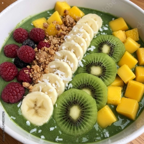 Fototapeta Green Smoothie Bowl with Mango, Kiwi, and Berries