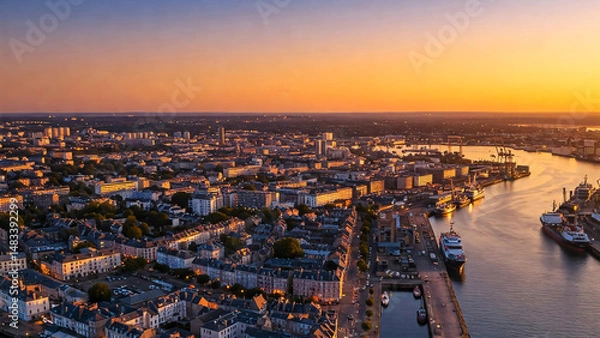 Fototapeta Evocation de Brest en France, vue panoramique au coucher du soleil