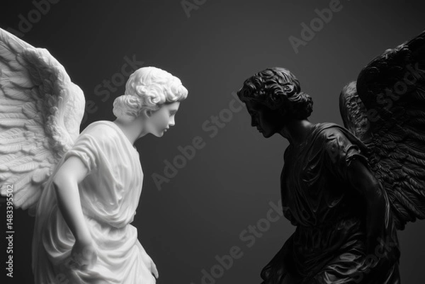 Fototapeta Two figures of angels opposite each other, white and black. Confrontation between good and evil