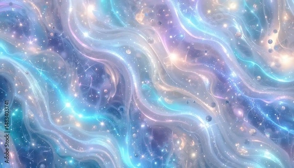 Obraz Ethereal cosmic nebula shimmering with iridescent light waves and scattered stardust creating a dreamy celestial background for fantasy and science fiction concepts.