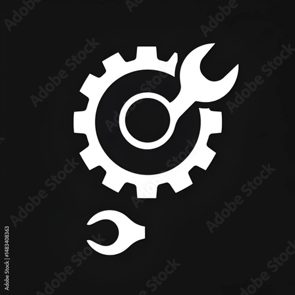 Fototapeta Simple black icon of a gear and wrench for mechanical engineering and repair services