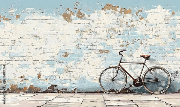 Fototapeta A vintage bicycle rests against a weathered wall on a tiled pavement, painted in shades of blue, brown, & white