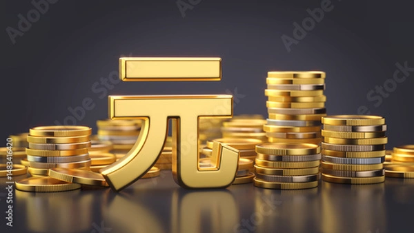 Fototapeta Chinese Yuan symbol with stacks of coins, China currency