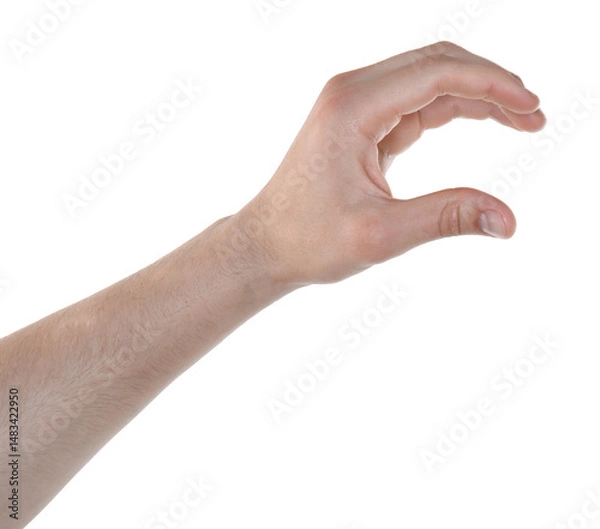 Obraz Man holding something in hand on white background, closeup