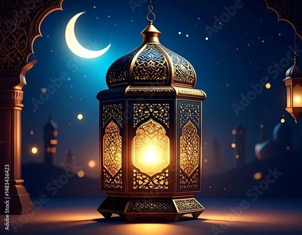 Fototapeta Ornate Ramadan Lantern, Crescent Moon, Night Sky, Islamic Art