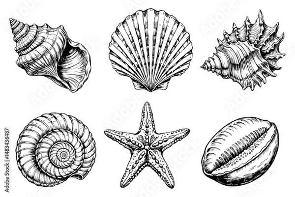 Obraz Hand drawn set of seashells and starfish in vintage engraving style isolated on white background