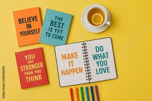 Fototapeta Inspirational messages promoting self confidence and pursuing one's passions are displayed on books and a notebook alongside a cup of tea and colorful markers