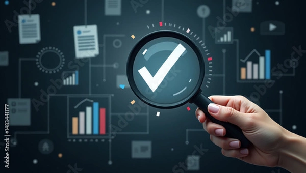 Obraz Businessman holding a magnifying glass with icons, steps review concept, Go through documents with checkbox lists, rules of conduct, and policies, Company Articles of Association Terms and Conditions.