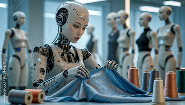 Fototapeta a humanoid robot with a lifelike face concentrates intently as it inspects and folds fabric with remarkable precision.