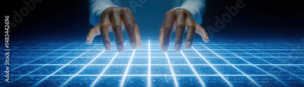 Fototapeta Closeup of hands interacting with digital grid, symbolizing technology and innovation. glowing grid represents data
