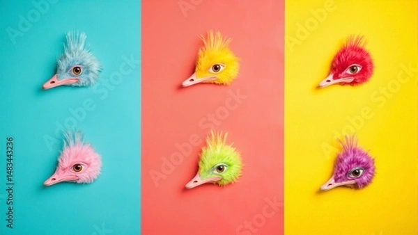 Obraz A row of colorful bird heads are displayed on a bright yellow background