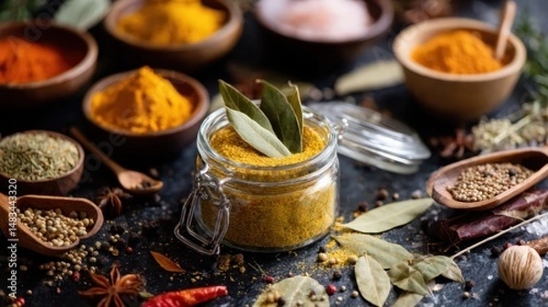 Fototapeta Rustic Jar of Spices and Herbs on Wooden Table