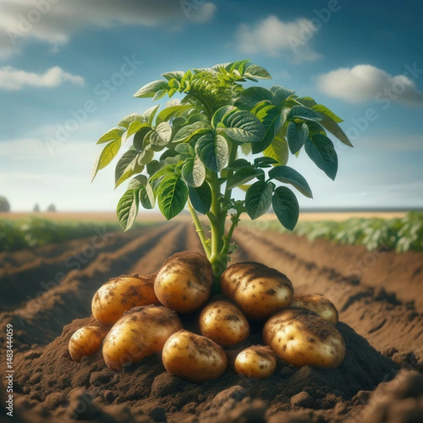 Obraz Harvest large white potatoes lying on ground in field next to potato bushes in farm field. Concept growing and harvesting organic vegetables.