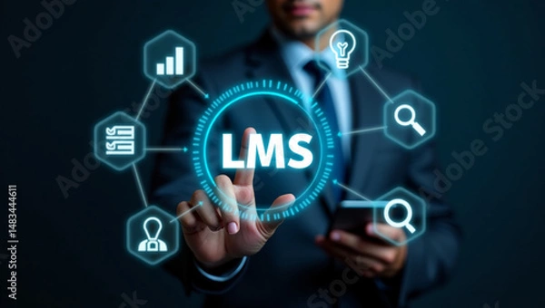 Fototapeta Learning management system concept. Businessman touching virtual screen of LMS or Learning management system icon. Lesson and online education, course, application, education and e learning.