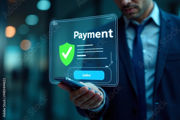 Obraz Online payment concept. Man using smart phone pay via mobile banking app for online payment. Digital bank, Internet technology for financial transaction, Money transfer.
