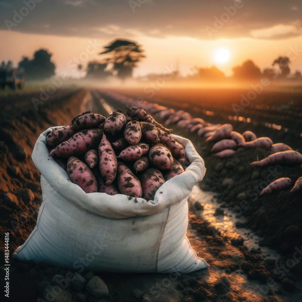Obraz Harvesting large white potatoes close-up in canvas bag, farmer in field. Concept growing and harvesting organic vegetables.