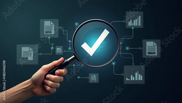 Obraz Businessman holding a magnifying glass with icons, steps review concept, Go through documents with checkbox lists, rules of conduct, and policies, Company Articles of Association Terms and Conditions.