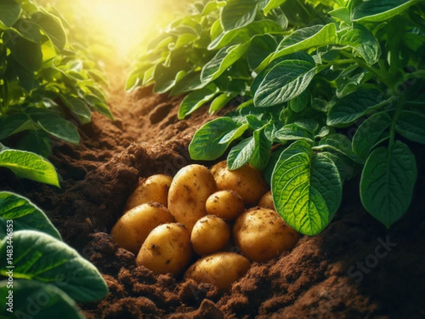 Obraz Harvest large white potatoes lying on ground in field next to potato bushes in farm field. Concept growing and harvesting organic vegetables.