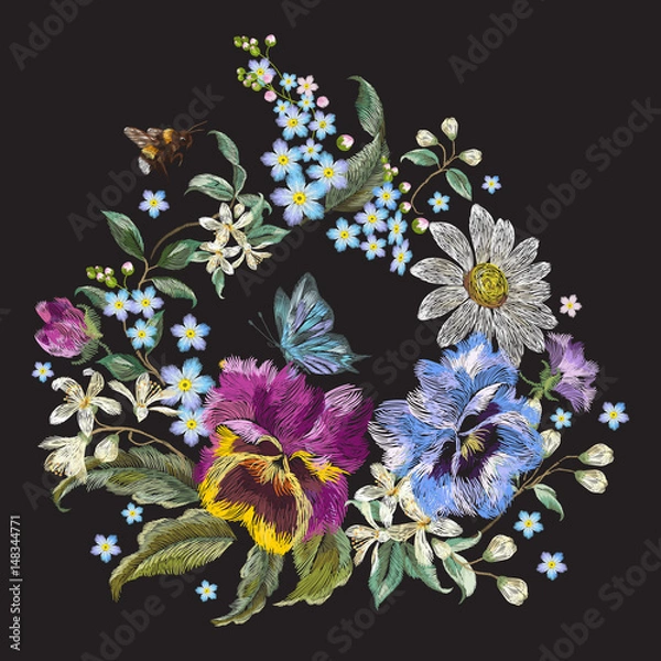 Obraz Embroidery trend floral pattern with pansies, chamomiles and forget me not flowers. Vector traditional embroidered wreath with butterfly on black background for clothing design.